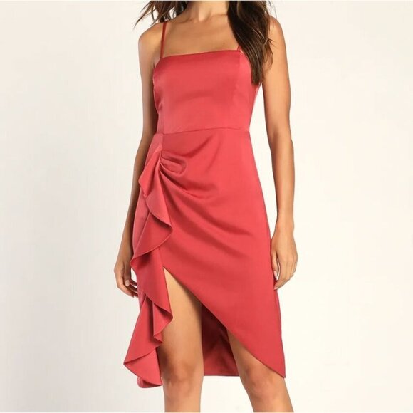 Lulus Like What You See Rose Satin Asymmetrical Ruffled Midi Dress Size XL - Picture 1 of 6